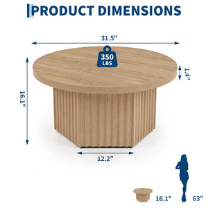 31.5" Round Fluted Drum Coffee Table, Modern Wood Pedestal Center Table for Living Room & Small Spaces