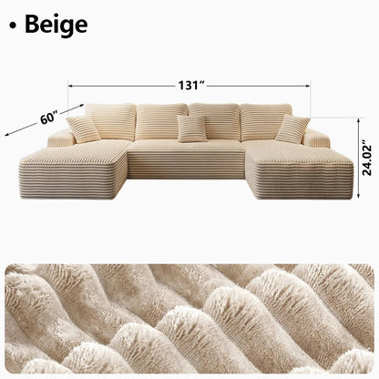 131-Inch U-Shaped Modular Cloud Sectional Sofa Bed – Oversized Boneless Corduroy Deep Seat Couch, No Assembly Required