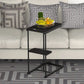 C-Shaped Side Table with Storage Shelf, Wood Grain Sofa Snack Table & Laptop Stand for Small Spaces