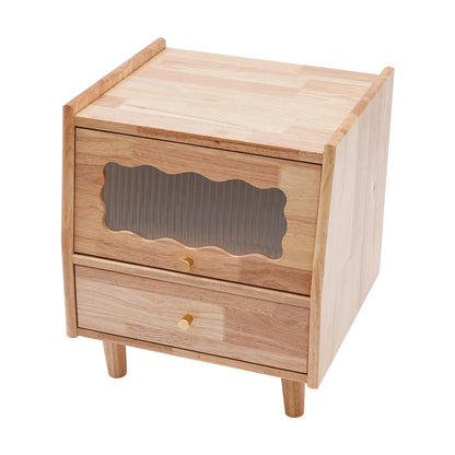 2-Tier Rubberwood Bedside Nightstand with Drawer, Glass Storage Cabinet, Flip-Top Door & Anti-Slip Feet for Bedroom & Living Room