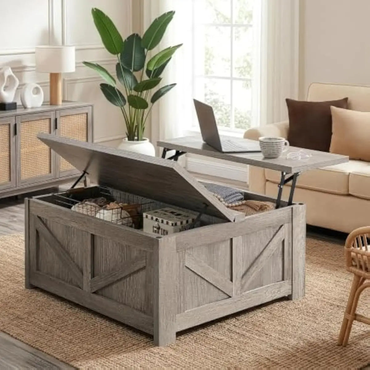 31.5" Farmhouse Lift-Top Coffee Table with Dual Hidden Storage & Gas-Assisted Lift Mechanism