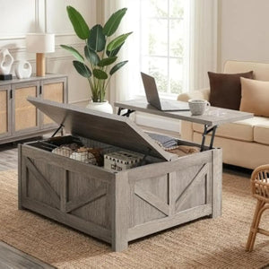 31.5" Farmhouse Lift-Top Coffee Table with Dual Hidden Storage & Gas-Assisted Lift Mechanism