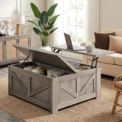 31.5" Farmhouse Lift-Top Coffee Table with Dual Hidden Storage & Gas-Assisted Lift Mechanism