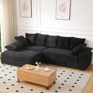 108.6-Inch Sectional Sofa with Storage Ottoman – Deep Seat Cloud Couch with Corduroy Upholstery for Living Room, Black