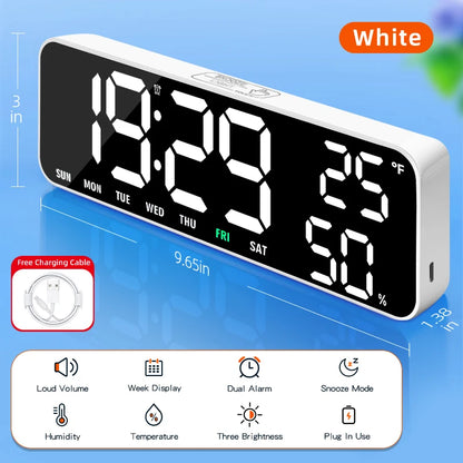 Large Display Digital Alarm Clock with Dual Alarms, Snooze, Temperature & Humidity, Week Display, 3 Brightness Levels, USB-C Powered