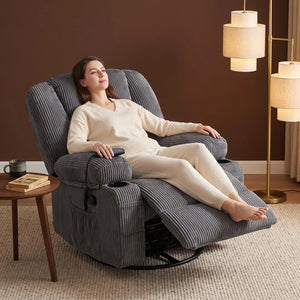 Oversized Corduroy Swivel Rocker Recliner Chair with Massage & Heat, 360° Glider with Cup Holder, Side Pockets & Storage