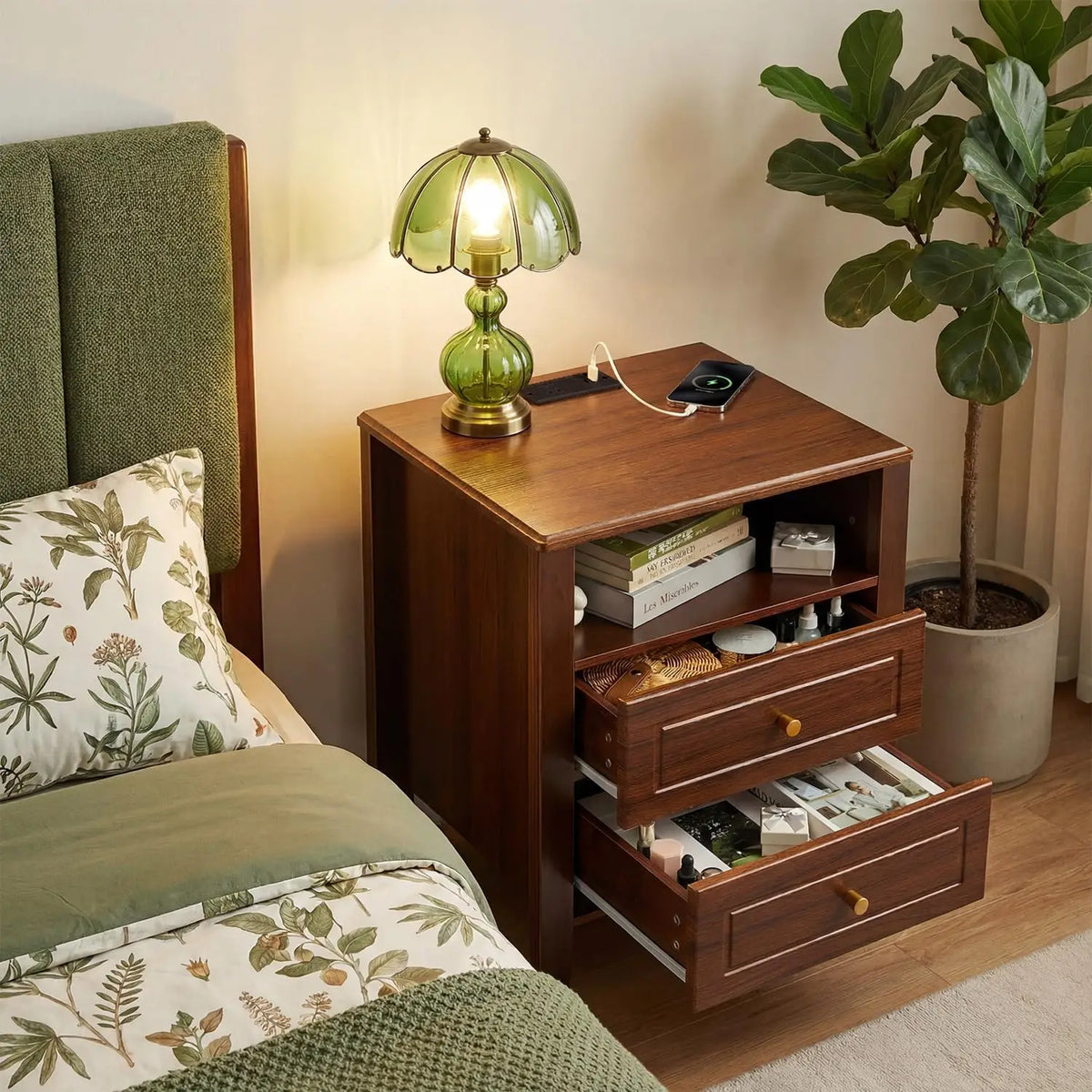 Modern 2-Drawer Nightstand with Charging Station & Open Shelf, Bedside Storage Cabinet for Bedroom and Home