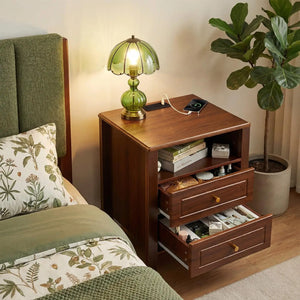 Modern 2-Drawer Nightstand with Charging Station & Open Shelf, Bedside Storage Cabinet for Bedroom and Home
