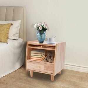 2-Tier Rubberwood Bedside Nightstand with Drawer, Glass Storage Cabinet, Flip-Top Door & Anti-Slip Feet for Bedroom & Living Room