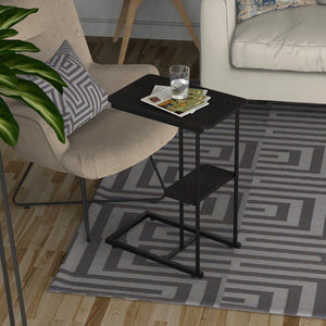 C-Shaped Side Table with Storage Shelf, Wood Grain Sofa Snack Table & Laptop Stand for Small Spaces