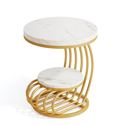 2-Tier Round Side Table with Faux Marble Top & Storage Shelf, Modern White and Gold End Table