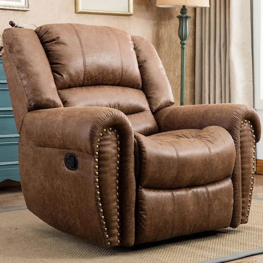 Classic Leather Manual Recliner Chair, Traditional Single Sofa with Padded Arms & Backrest for Living Room
