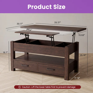 39.4" Lift-Top Coffee Table with 2 Drawers & Hidden Storage, Square Wood Center Table for Living Room & Home Office