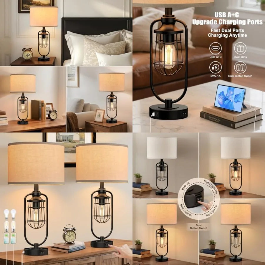 24-Inch Black Farmhouse Table Lamps, Set of 2, with USB Ports for Bedside and Living Room