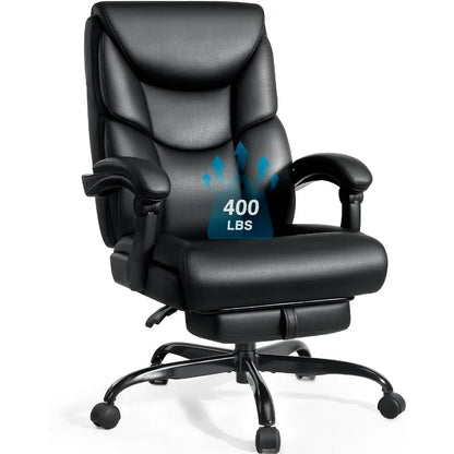 400 lb Big & Tall Reclining Office Chair with Footrest – High Back PU Leather Desk Chair with Lumbar Support & Spring Cushion