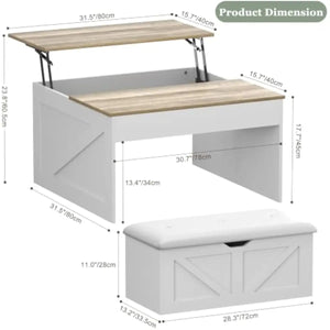Lift-Top Coffee Table with Bench Storage, Gas-Lift Mechanism, White Engineered Wood Center Table