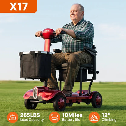 270W 4-Wheel Electric Mobility Scooter for Adults, Foldable Portable Travel Scooter, 10-Mile Range