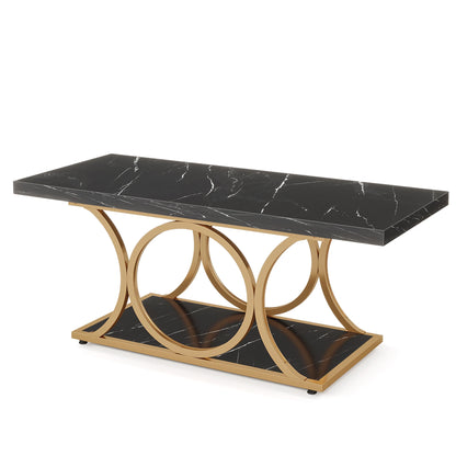 47.24" Rectangle Coffee Table with 2-Tier Storage, Faux Marble Wood Center Table for Living Room