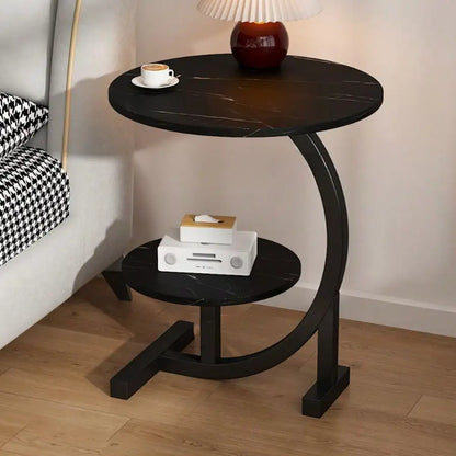 Round C-Shaped Side Table with Faux Marble Top, 2-Tier Metal Frame End Table for Living Room & Bedroom