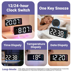 Mini Digital Alarm Clock with Blue Night Light, USB Powered, Year, Date & Temperature Display, Adjustable Brightness – Black