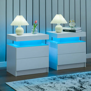 Set of 2 LED Nightstands with 2 Drawers, Modern Bedside Tables with LED Lights & Storage for Bedroom