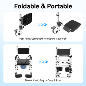 Foldable Rolling Shower Commode Chair with Bidet – 3-Level Height Adjustable, Safety Belt & 4 Locking Wheels, 352 lb Capacity