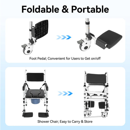 Foldable Rolling Shower Commode Chair with Bidet – 3-Level Height Adjustable, Safety Belt & 4 Locking Wheels, 352 lb Capacity