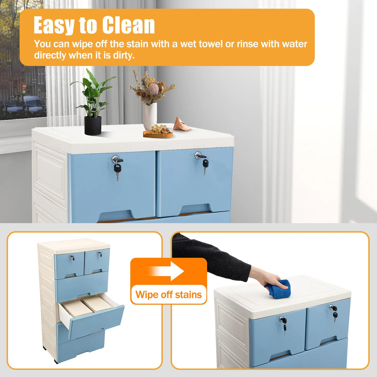 6-Drawer 5-Tier Rolling Storage Cart with Lock & Wheels, 55 lb Capacity PP Mobile Organizer Cabinet for Bedroom & Study
