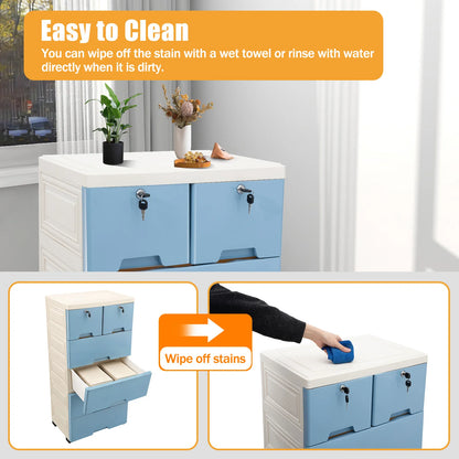 6-Drawer 5-Tier Rolling Storage Cart with Lock & Wheels, 55 lb Capacity PP Mobile Organizer Cabinet for Bedroom & Study