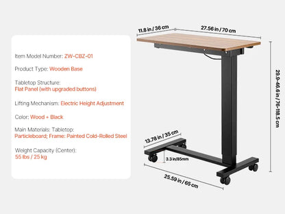Height & Angle Adjustable Overbed Table with Swivel Casters, Mobile Rolling Bedside Laptop Desk for Home & Office