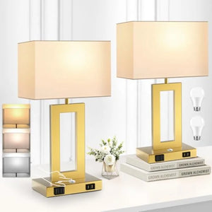 Touch Control Table Lamps Set of 2, 3 Color Temperatures, Stepless Dimming, Dual USB Ports and AC Outlet, Modern Bedside Lighting