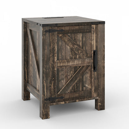 18" Rustic Farmhouse Nightstand with Charging Station – Barn Door Bedside Table with Adjustable Shelf & Storage