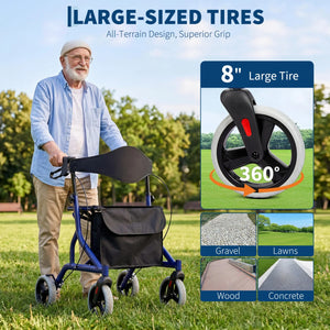 Heavy-Duty Aluminum Rollator Walker for Seniors with Seat – 330 lb Capacity, 8" All-Terrain Wheels & Dual Brakes