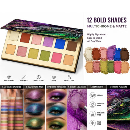 12-Color Crocodile Eyeshadow Palette, Matte & Shimmer, Highly Pigmented Waterproof Long-Lasting Eye Makeup