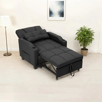 Convertible Reclining Sofa Bed with Vibration Massage – PU Leather Chaise Lounge Chair with Lumbar Pillow, Black