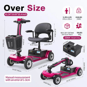 4-Wheel Foldable Mobility Scooter for Adults, 20Ah Detachable Battery, 418 lb Capacity, Electromagnetic Brake, 360° Swivel Seat