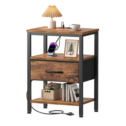 Nightstand with Fabric Drawer, LED Light Strip & Charging Station – Bedside End Table with Storage Cabinet