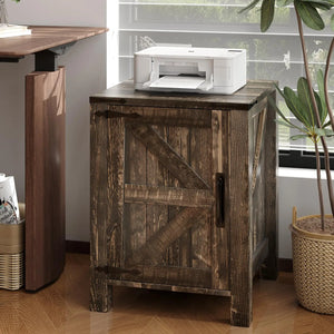 18" Rustic Farmhouse Nightstand with Charging Station – Barn Door Bedside Table with Adjustable Shelf & Storage