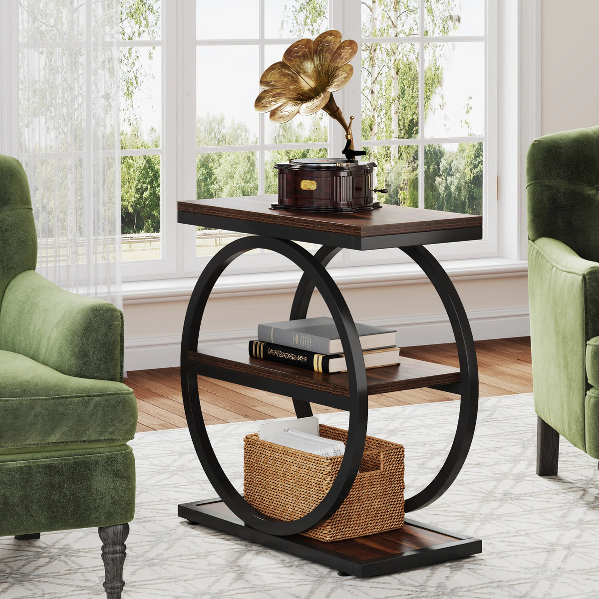 Narrow End Table with 3 Storage Shelves, Industrial Wood Side Table for Sofa, Living Room & Small Spaces