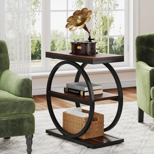 Narrow End Table with 3 Storage Shelves, Industrial Wood Side Table for Sofa, Living Room & Small Spaces