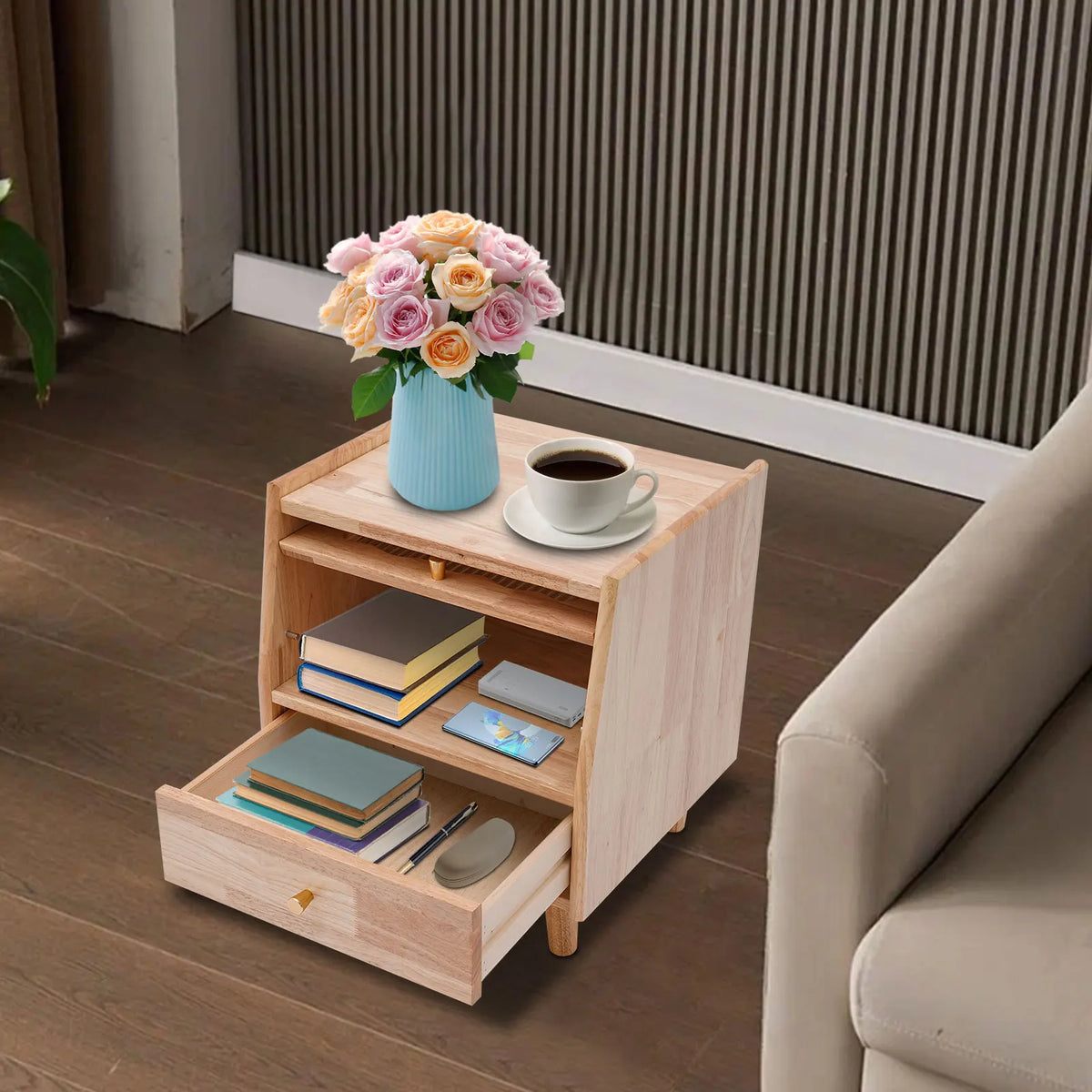2-Tier Rubberwood Bedside Nightstand with Drawer, Glass Storage Cabinet, Flip-Top Door & Anti-Slip Feet for Bedroom & Living Room