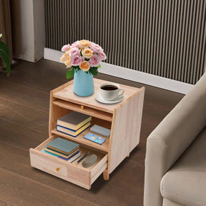 2-Tier Rubberwood Bedside Nightstand with Drawer, Glass Storage Cabinet, Flip-Top Door & Anti-Slip Feet for Bedroom & Living Room