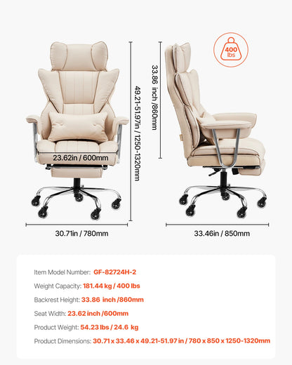 Ergonomic Executive Office Chair, 300/400 lb Capacity PU Leather Reclining Chair with Adjustable Height