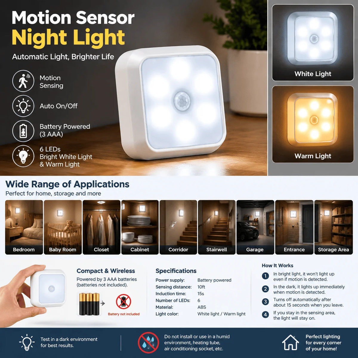 LED Motion Sensor Night Light, Automatic Indoor Lamp for Closet, Wardrobe, Bedroom, Bathroom, Stairs & Hallway