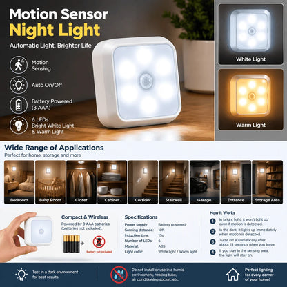 LED Motion Sensor Night Light, Automatic Indoor Lamp for Closet, Wardrobe, Bedroom, Bathroom, Stairs & Hallway