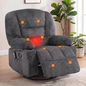Oversized Corduroy Swivel Rocker Recliner Chair with Massage & Heat, 360° Glider with Cup Holder, Side Pockets & Storage