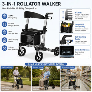 3-in-1 Foldable Rollator Walker for Seniors with Seat & Storage Bag – 300 lb Capacity