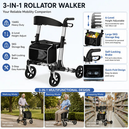 3-in-1 Foldable Rollator Walker for Seniors with Seat & Storage Bag – 300 lb Capacity
