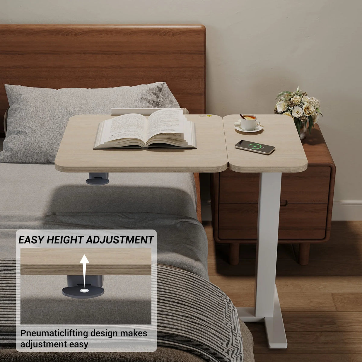 Height Adjustable Overbed Table with Tilting Desktop, Rolling Bedside Laptop Desk with Lockable Casters & Steel Frame for Home Use
