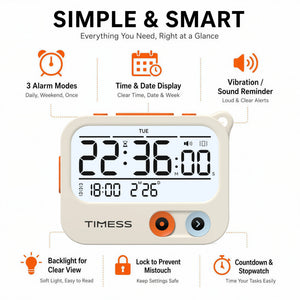 Portable Vibrating Digital Alarm Clock & Timer with Backlight, 3 Alarm Modes, Battery Powered Travel Clock